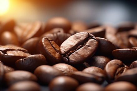 Close up of roasted coffee beans with a warm backlight backgroun, a Photo by Dvoevnore photos