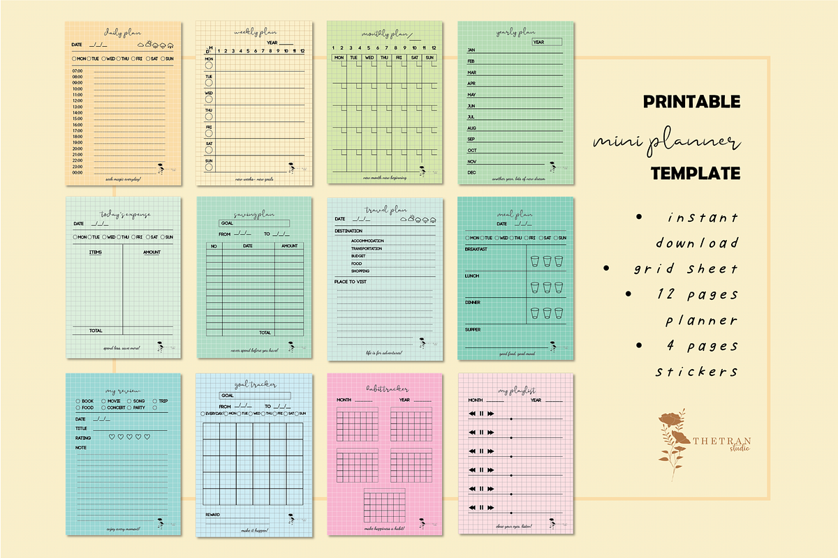 Mini Planner Study Template Digital, a Stationery Template by The Tran Studio (Photo 1 of 6)