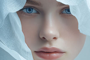Woman's clear blue eyes emerging from soft white fabric represen, a Photo by Studio ANNA