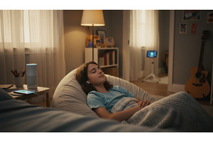 Teen girl relaxing in cozy bedroom, a Technology Photo by Igor Tichonow