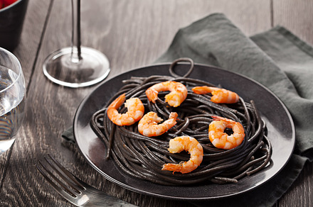 Black Italian Pasta With Shrimps Food On Dark Background Featuring preview 4
