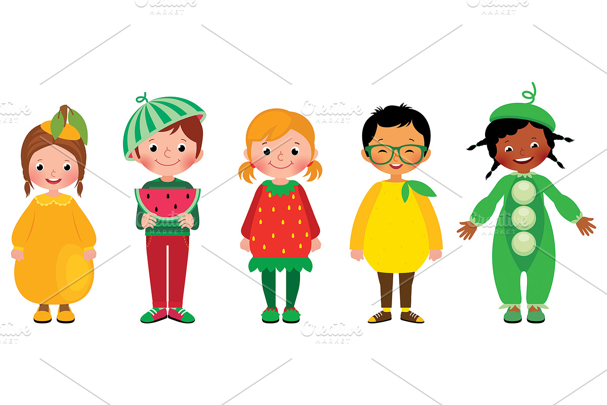Set of kids in costumes of fruits, a Food Illustration by Julia's illustrations