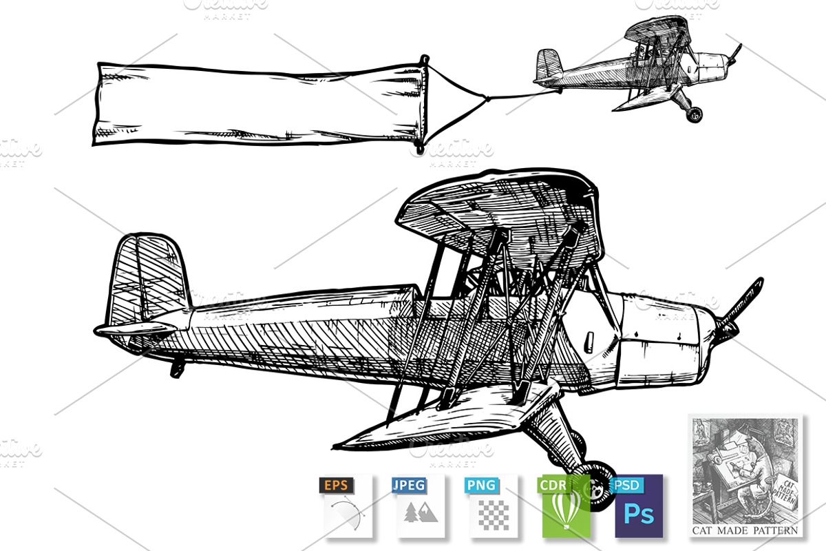 vintage biplane with banner, a Work Illustration by CatMadePattern