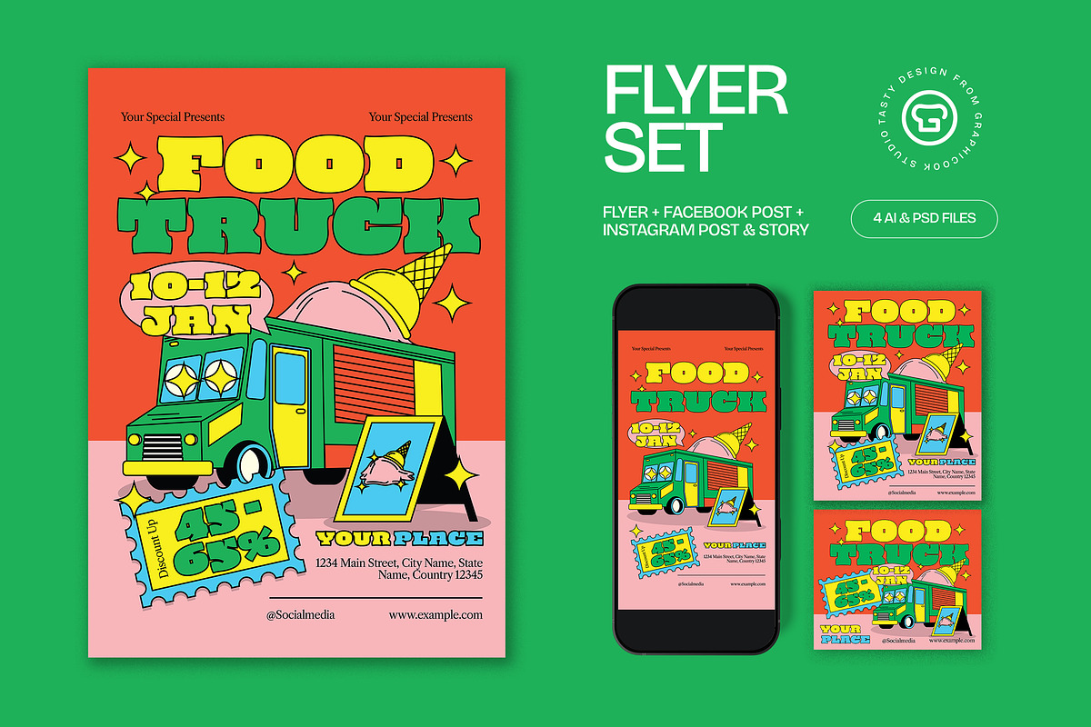 Orange Quirky Food Truck Flyer Set, a Flyer Template by graphicook (Photo 1 of 3)