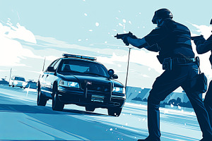 Two tactical police officers aiming during a high-risk operation on a pursuit., an Illustration by AS photostudio