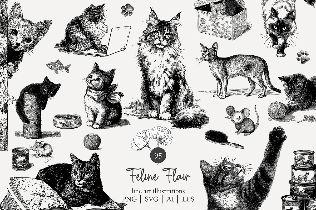 95 line art Cats clip art, an Animal Illustration by Poppy Lane Studio (Photo 1 of 12)
