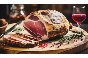 Rustic ham with slices on a wooden, a Food & Drink Photo by Igor Tichonow