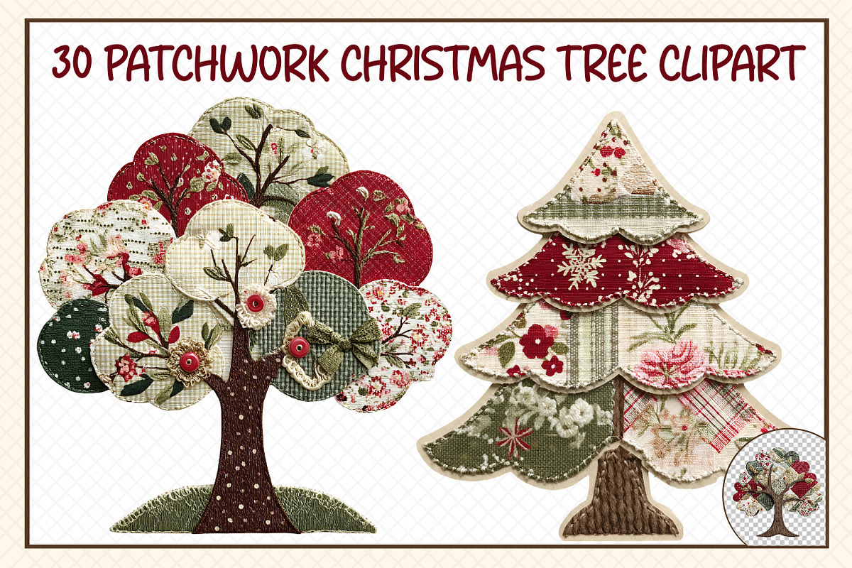 Patchwork Christmas Tree Clipart, an Illustration by cherrydesign (Photo 1 of 3)