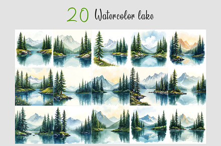 Beautiful watercolor lake scenery