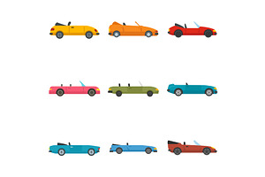 Cabriolet Icons Set, Flat Style