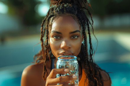 Close-Up of African American Sportswoman Drinking Water by Pool on a Sunny Day, a Photo by AS photostudio
