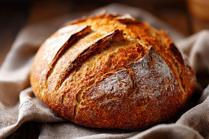 Fresh baked bread with textile napkin, a Food & Drink Photo by AlyaAnd