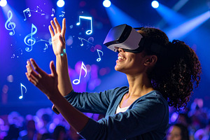 Young wearing sleek AR glasses in a stage with a crowded audienc, a Technology Photo by DanFLCreativo