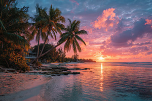 Tropical beach sunset palm trees oce, a Photo by Pixeness Studio