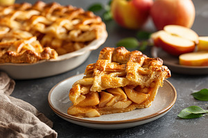 Sliced apple pie with golden lattice crust served on a plate, surrounded by fre, a Food & Drink Photo by AlyaAnd
