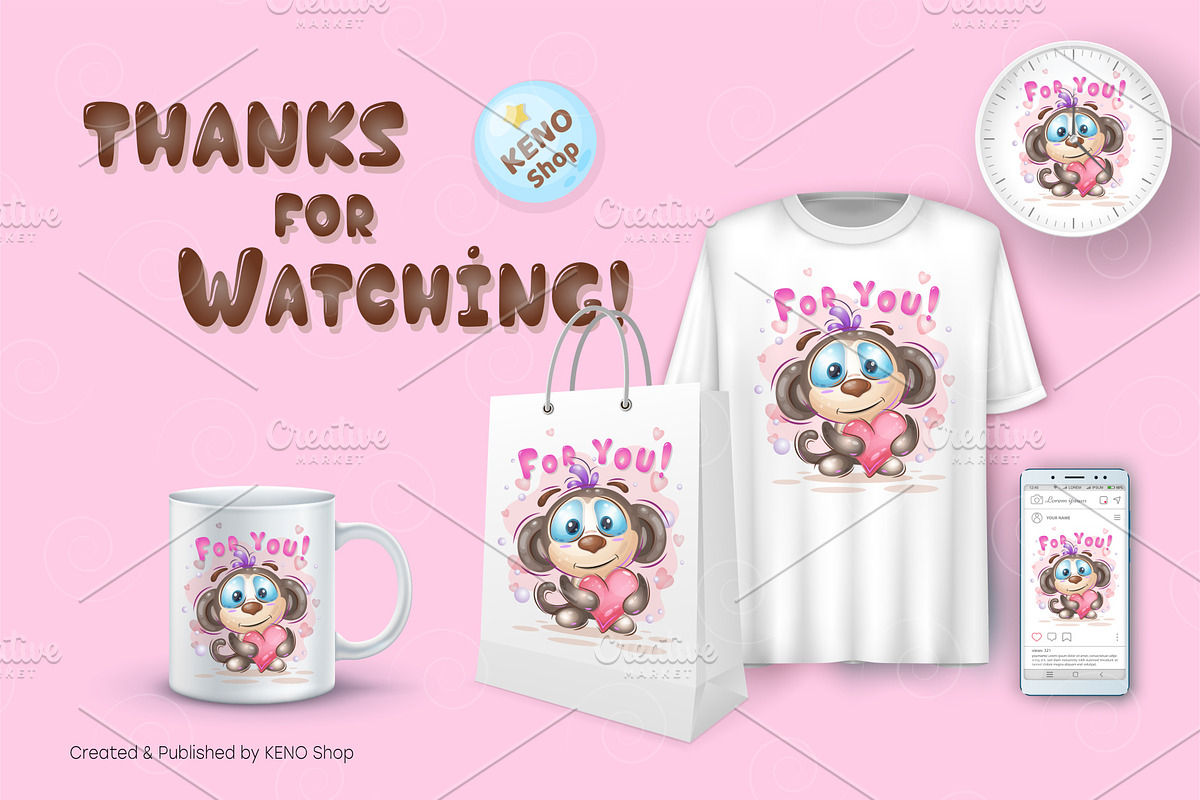 Cute monkey with a heart. Tshirt., an Animal Illustration by KENO Mascots (Photo 4 of 4)