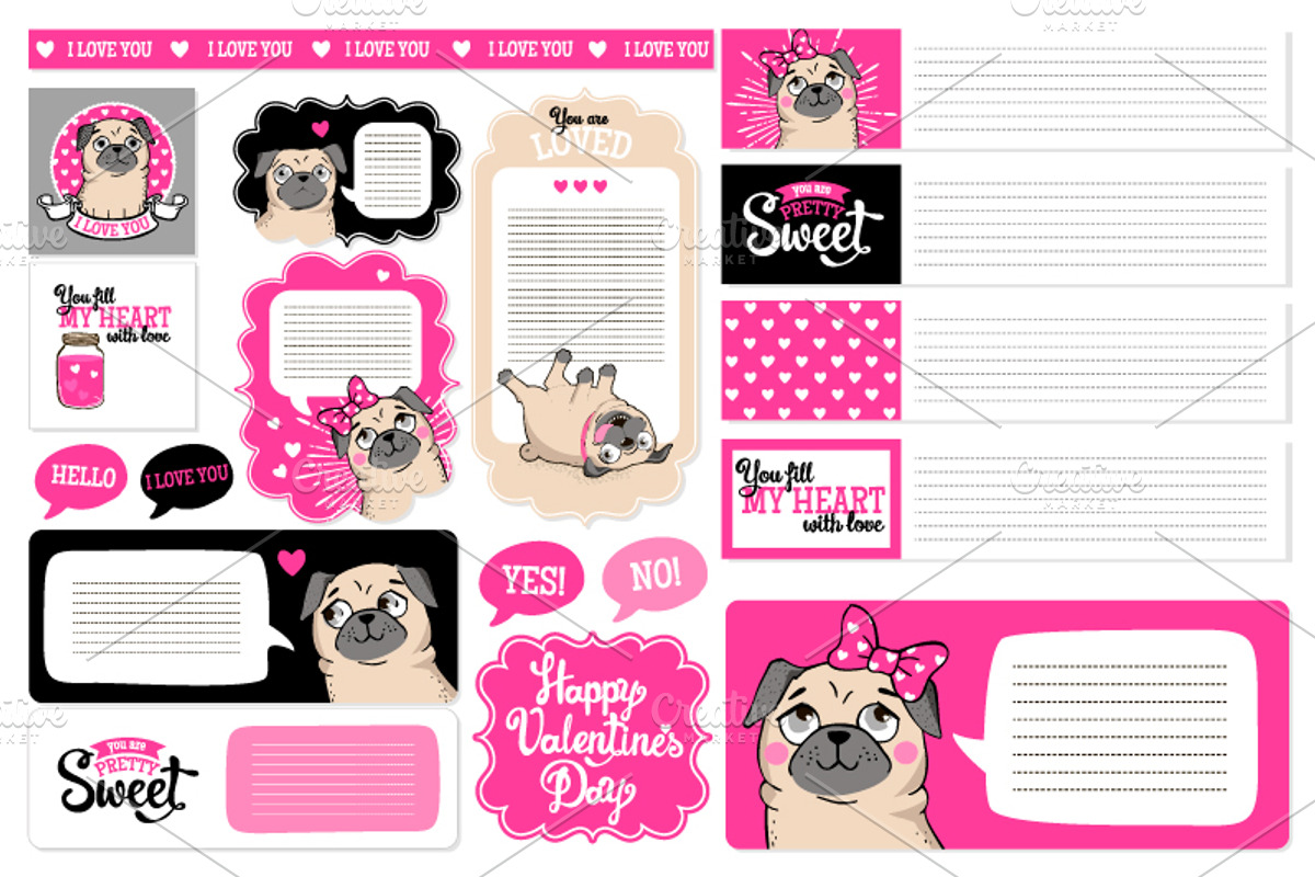 VALENTINE'S DAY vector set with pugs, an Illustration by Martyshova (Photo 4 of 5)