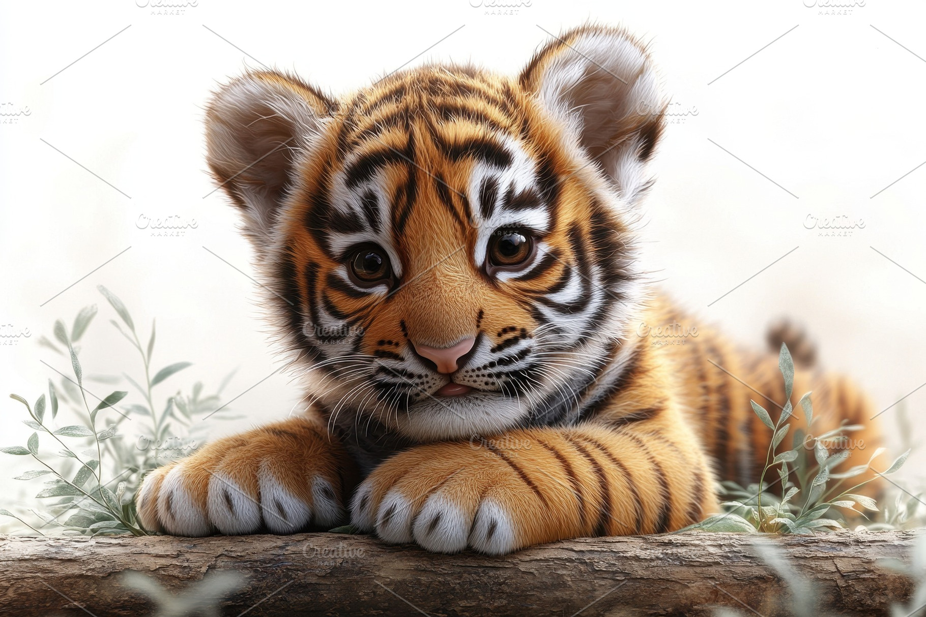 Cute tiger cub resting on a log surr, a Photo by Tanuart
