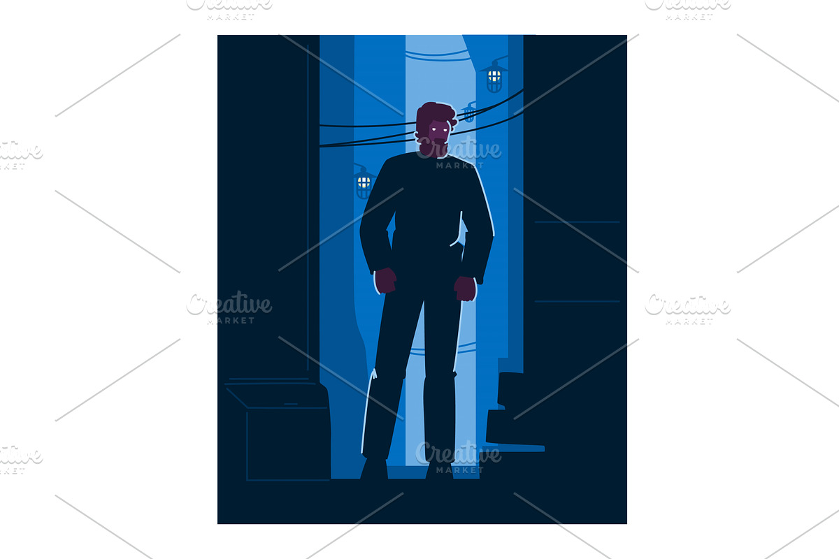 Bearded man standing at night in, a Person Illustration by pikepicture