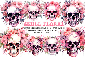 Watercolor Pink Skull Clipart Bundle