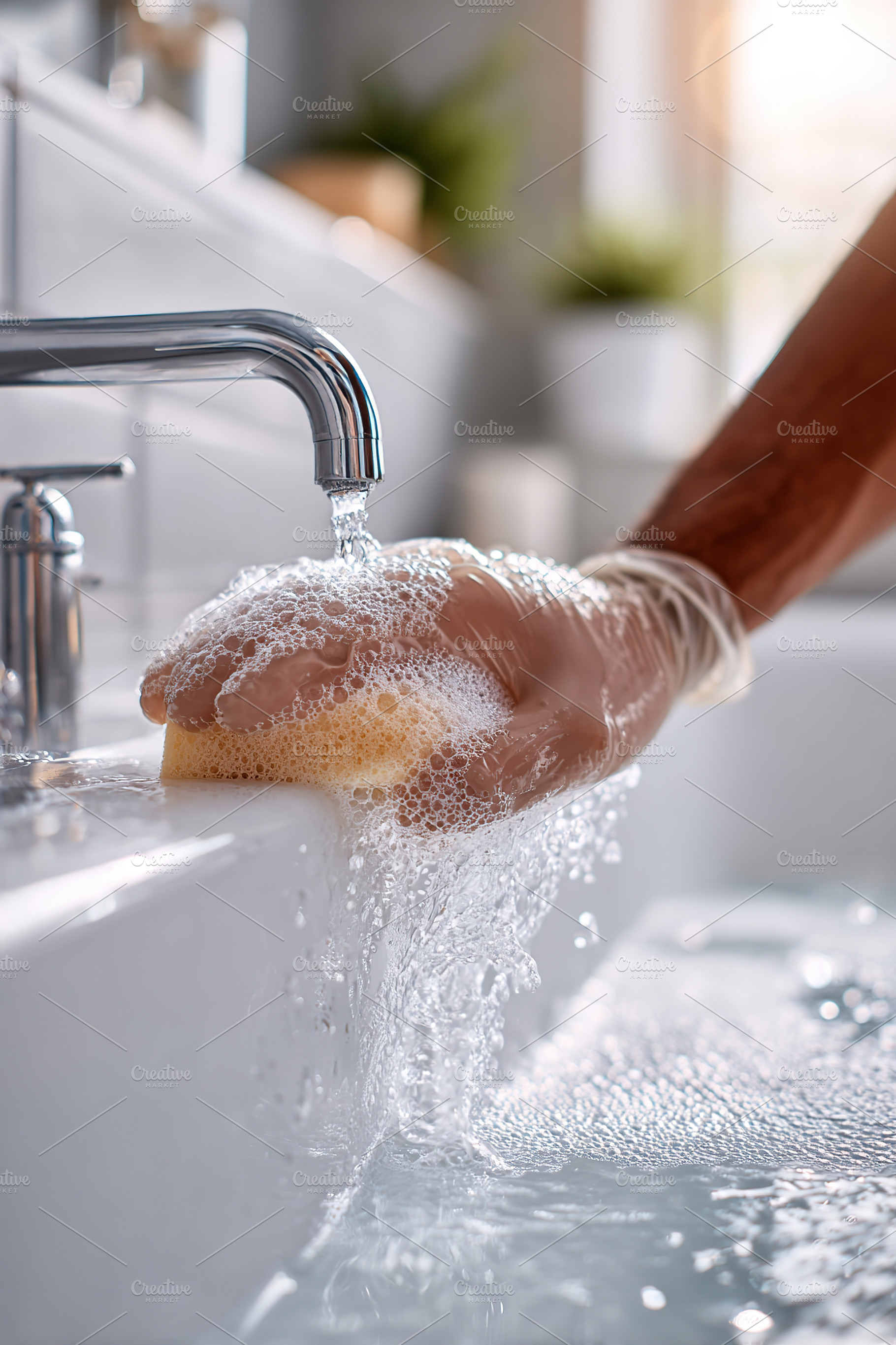 Washing dishes while wearing gloves in a bright kitchen with running water and, a Photo by AlyaAnd
