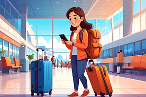 Young woman with luggage at the airport terminal illustration, a Person Photo by DanFLCreativo