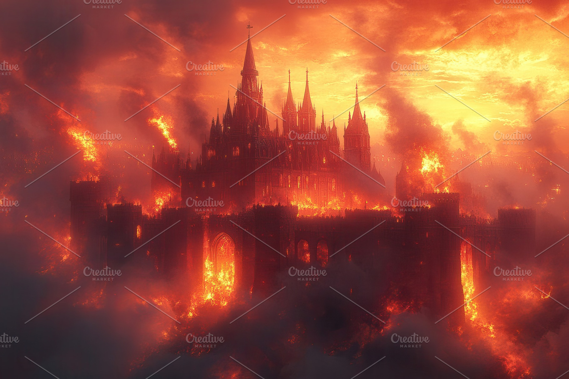 Flames engulf an ancient castle at s, a Photo by Tanuart