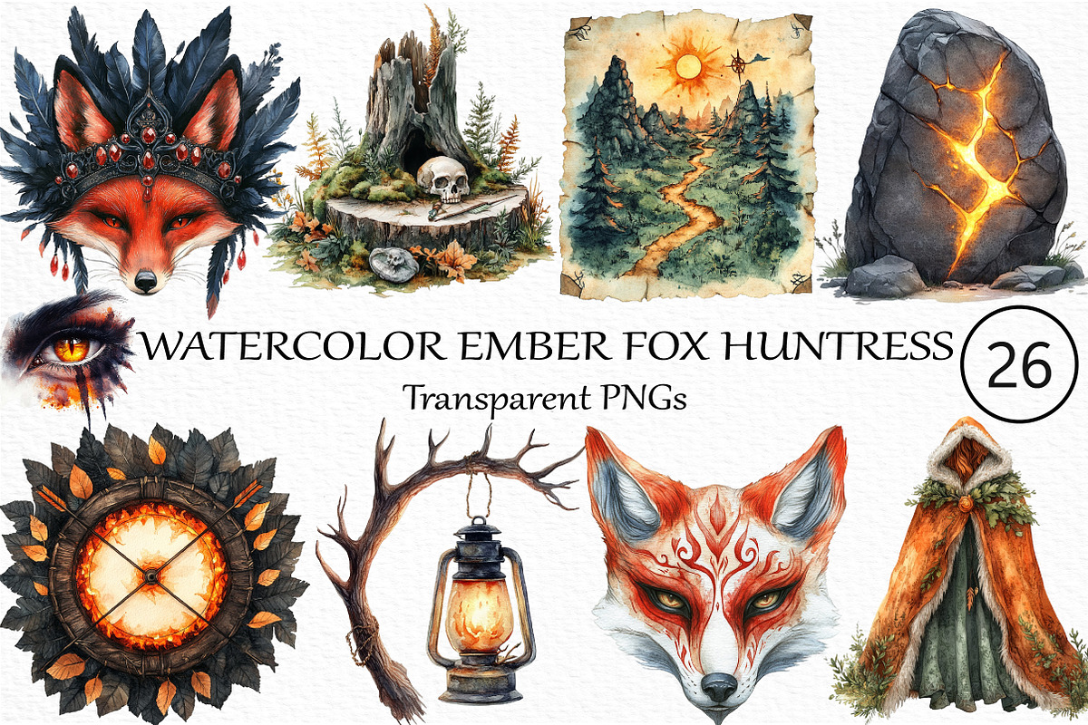 Watercolor Ember Fox Huntress PNG, an Illustration by Craft Nest (Photo 1 of 4)