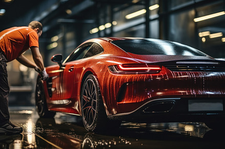 Car detailing. Worker polishing red sport car in car wash.., a Person Photo by AS photostudio