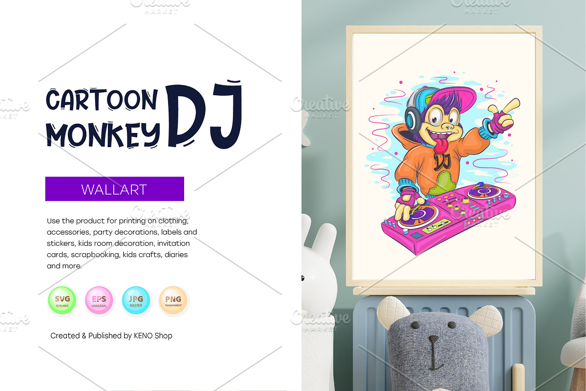 Cartoon monkey DJ. Tshirt, PNG., an Animal Illustration by KENO Mascots (Photo 4 of 7)