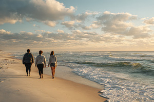 Three women walking beach sunset oce, a Photo by Pixeness Studio