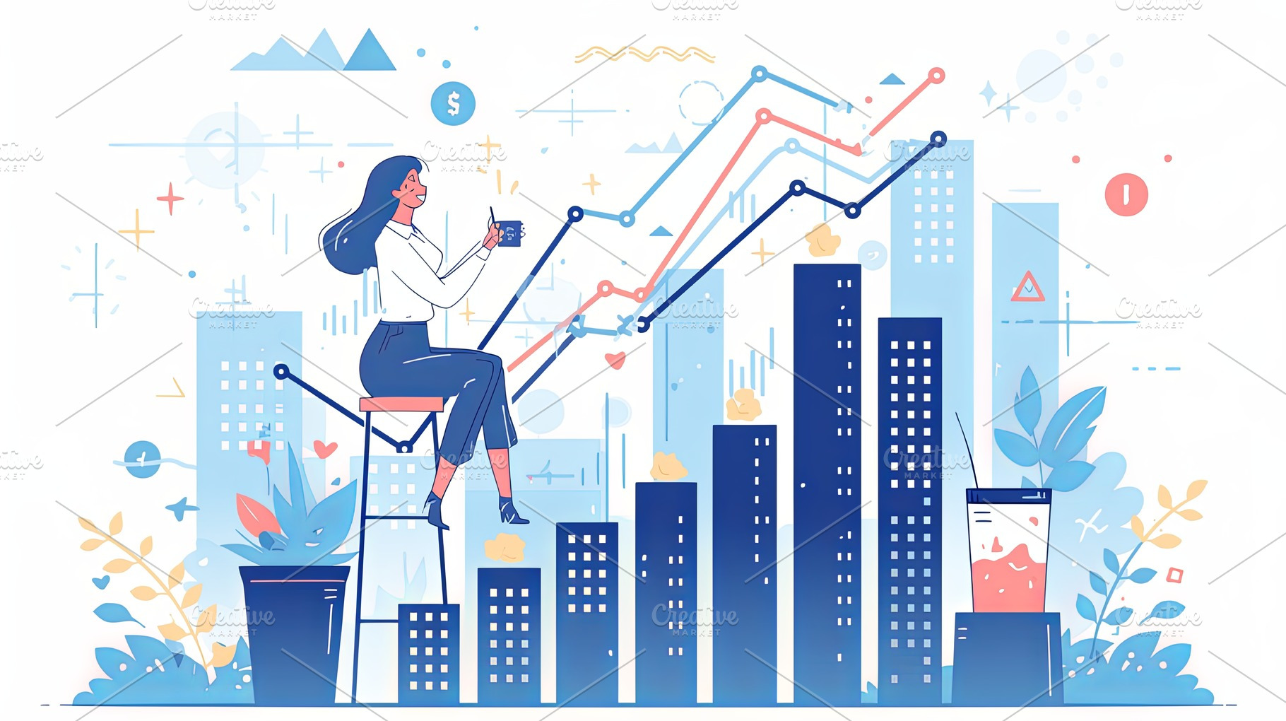 Business woman analyzing investment charts in modern artistic concept illustrat, a Photo by AS photostudio