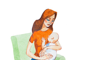 Cartoon Mother Hugging A Baby. Aquarelle Illustration Of Motherhood Concept