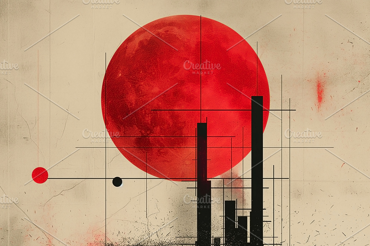 A striking abstract representation of a cityscape silhouetted ag, a Decorative Illustration by ImageMir