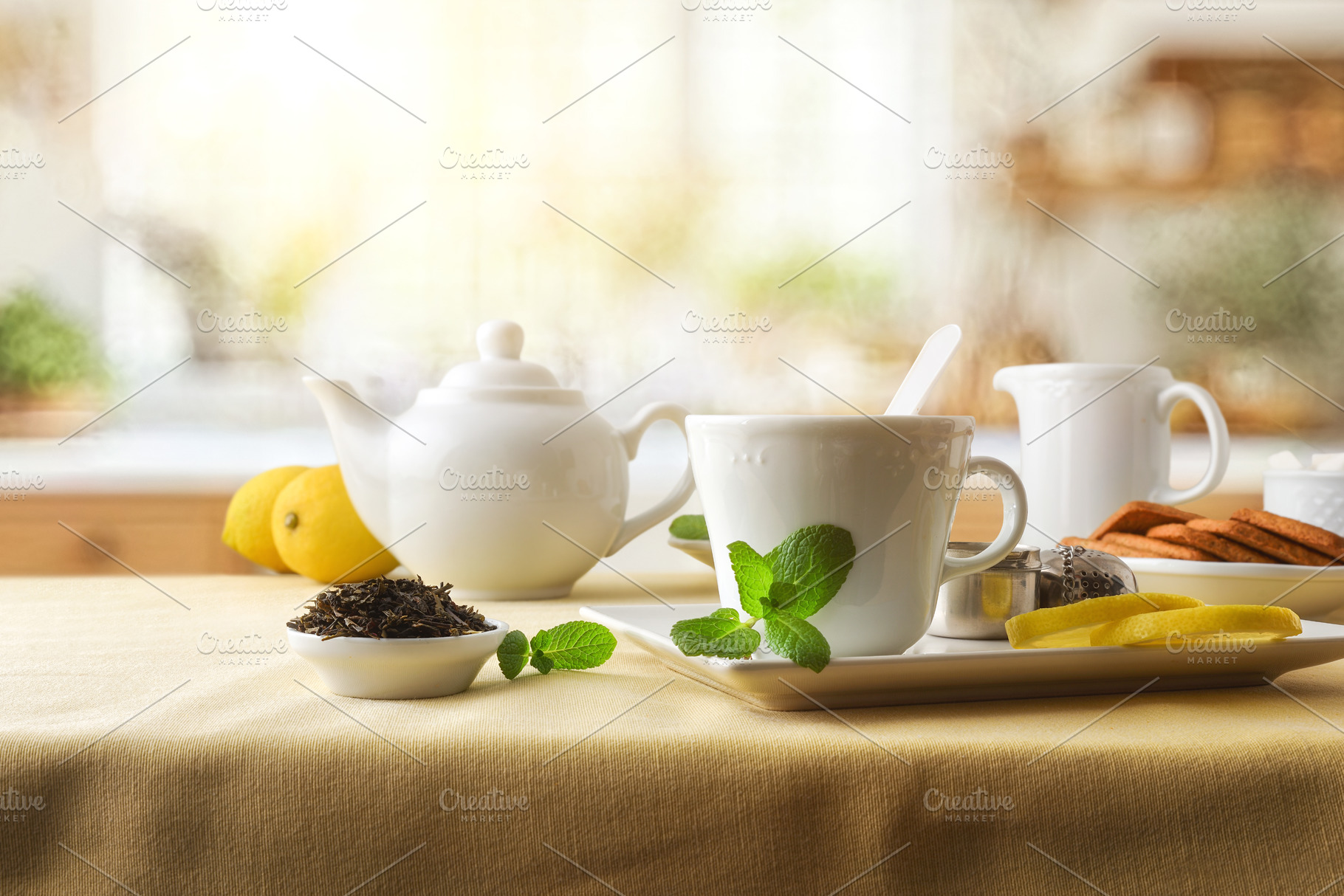 Breakfast with green tea on a kitchen table with tablecloth, a Food & Drink Photo by Davizro's Market