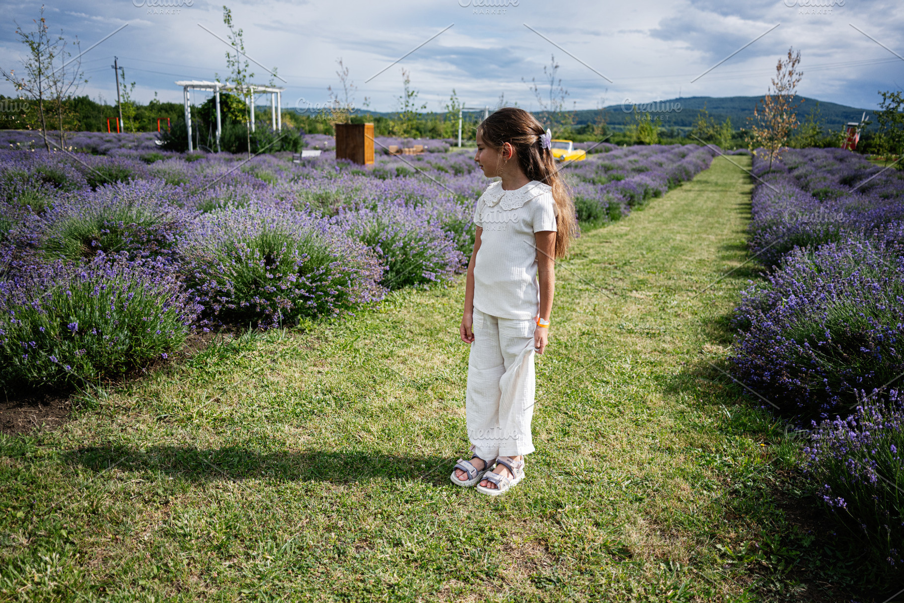 Young girl standing in lavender field under cloudy sky during daytime, a Photo by AS photostudio