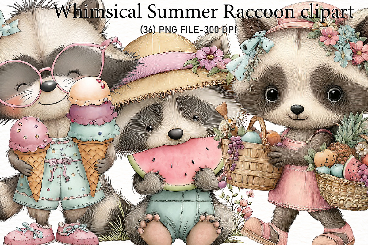 Whimsical Summer Raccoon clipart, an Illustration by Designworld (Photo 1 of 7)