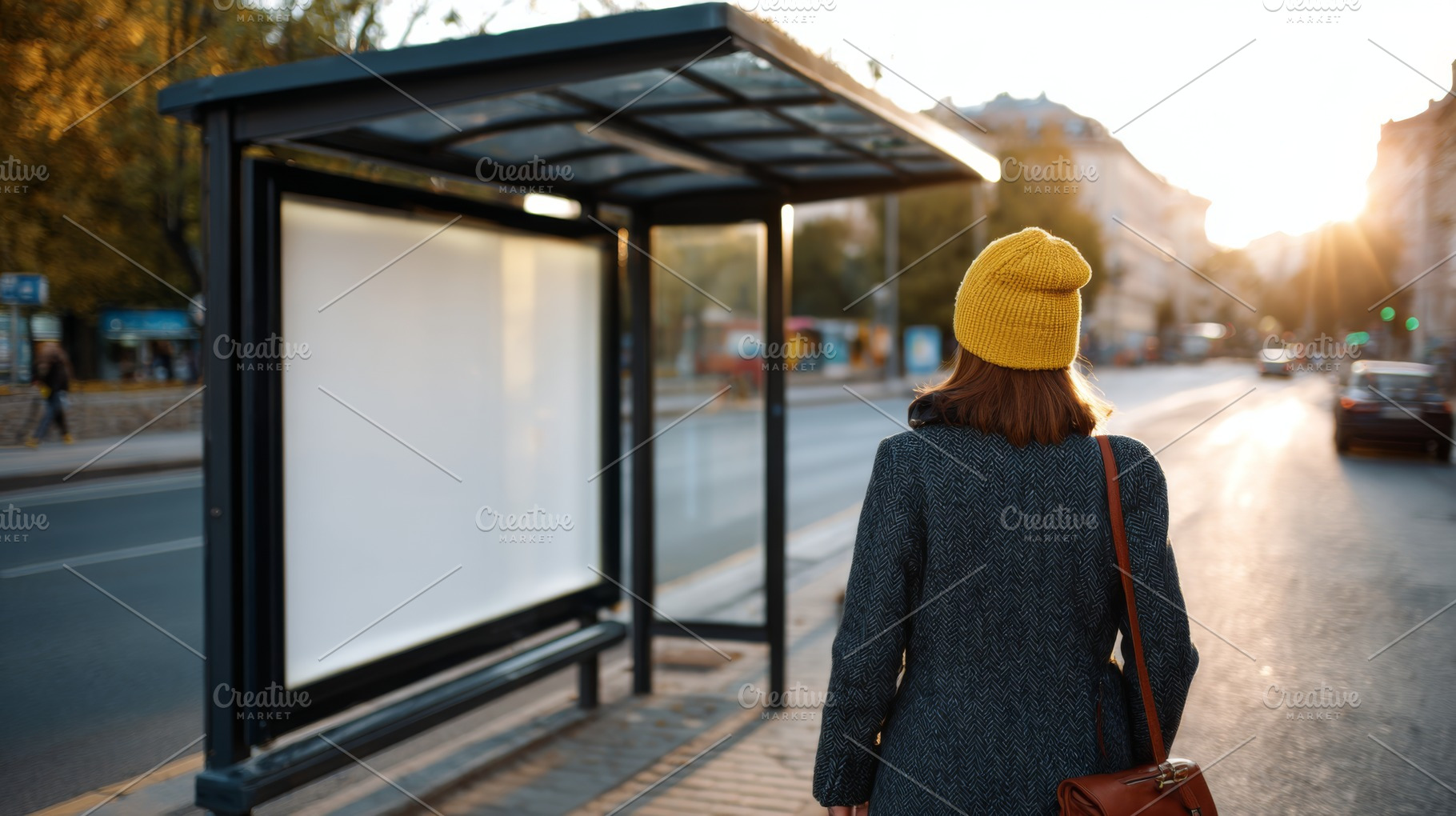 A young woman in a yellow beanie waits at a city bus stop during sunset, captur, a Person Photo by ImageMir