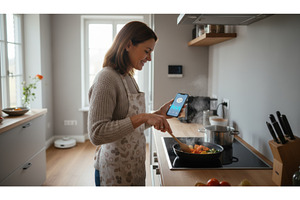 Smiling woman cooking vegetables in, a Food & Drink Photo by Igor Tichonow