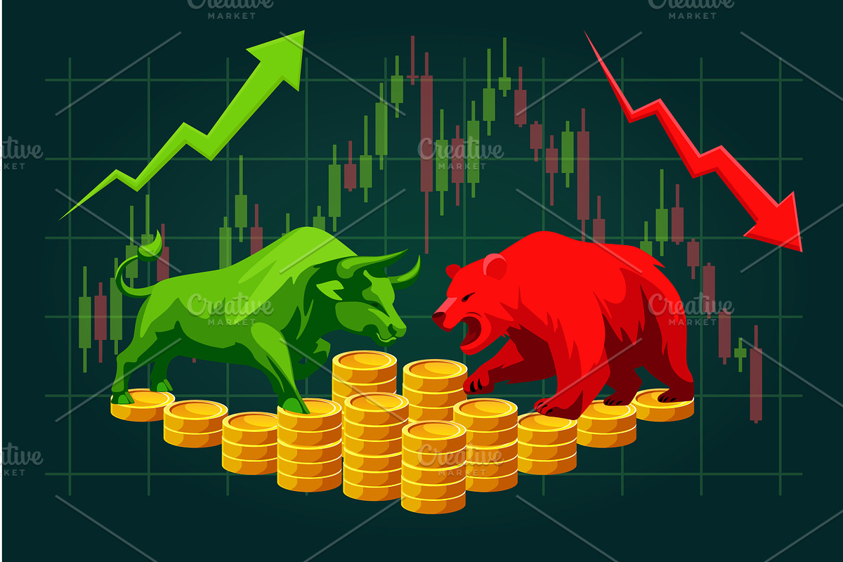 Bull and Bear Market with Coins, Up, a Finance Illustration by BabySofja