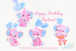 Birthday Elephants PNG Watercolor