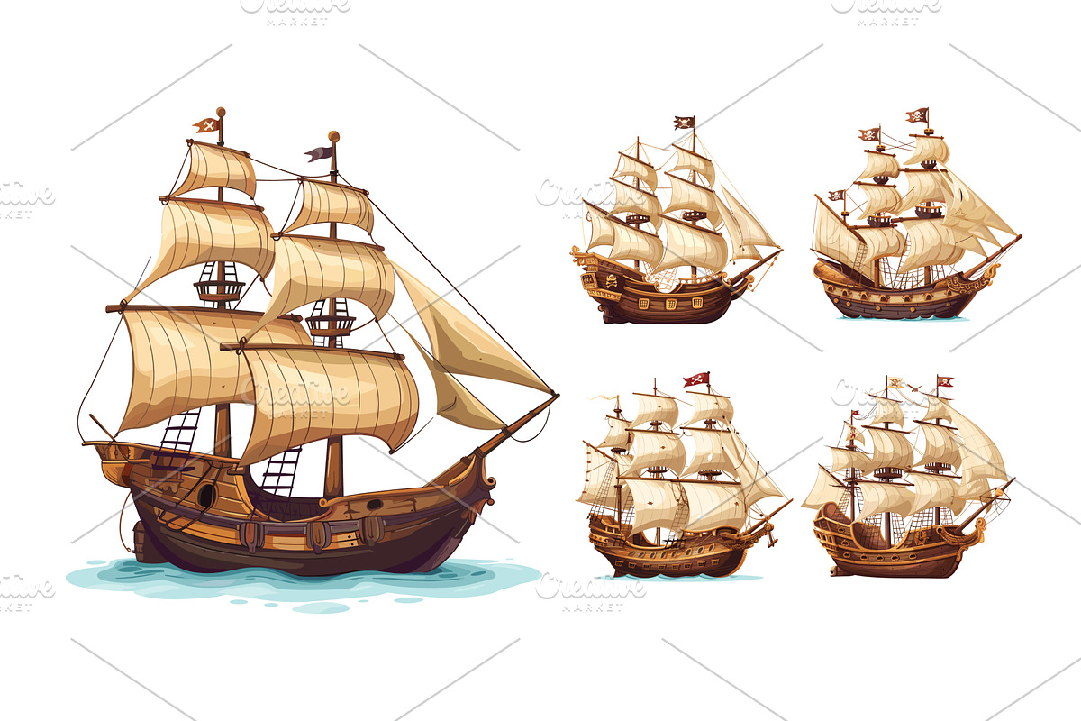 Pirate ships cartoon vector set, a Transportation Illustration by Stock-Smart-Start