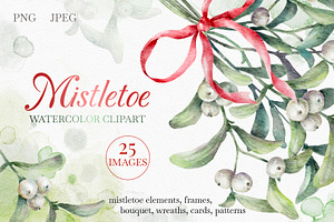 Mistletoe Watercolor Clipart.