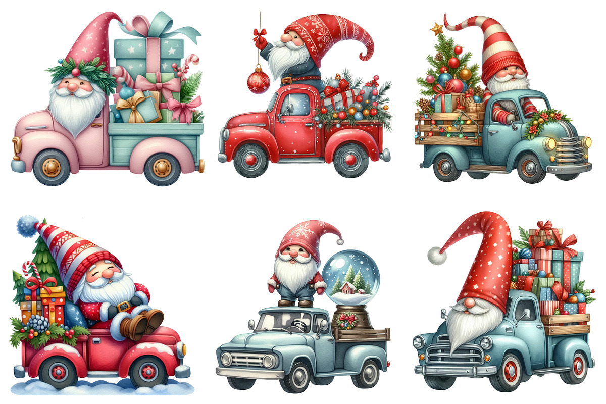 Watercolor Christmas Gnome And Truck, an Illustration by SinaCreation (Photo 5 of 7)