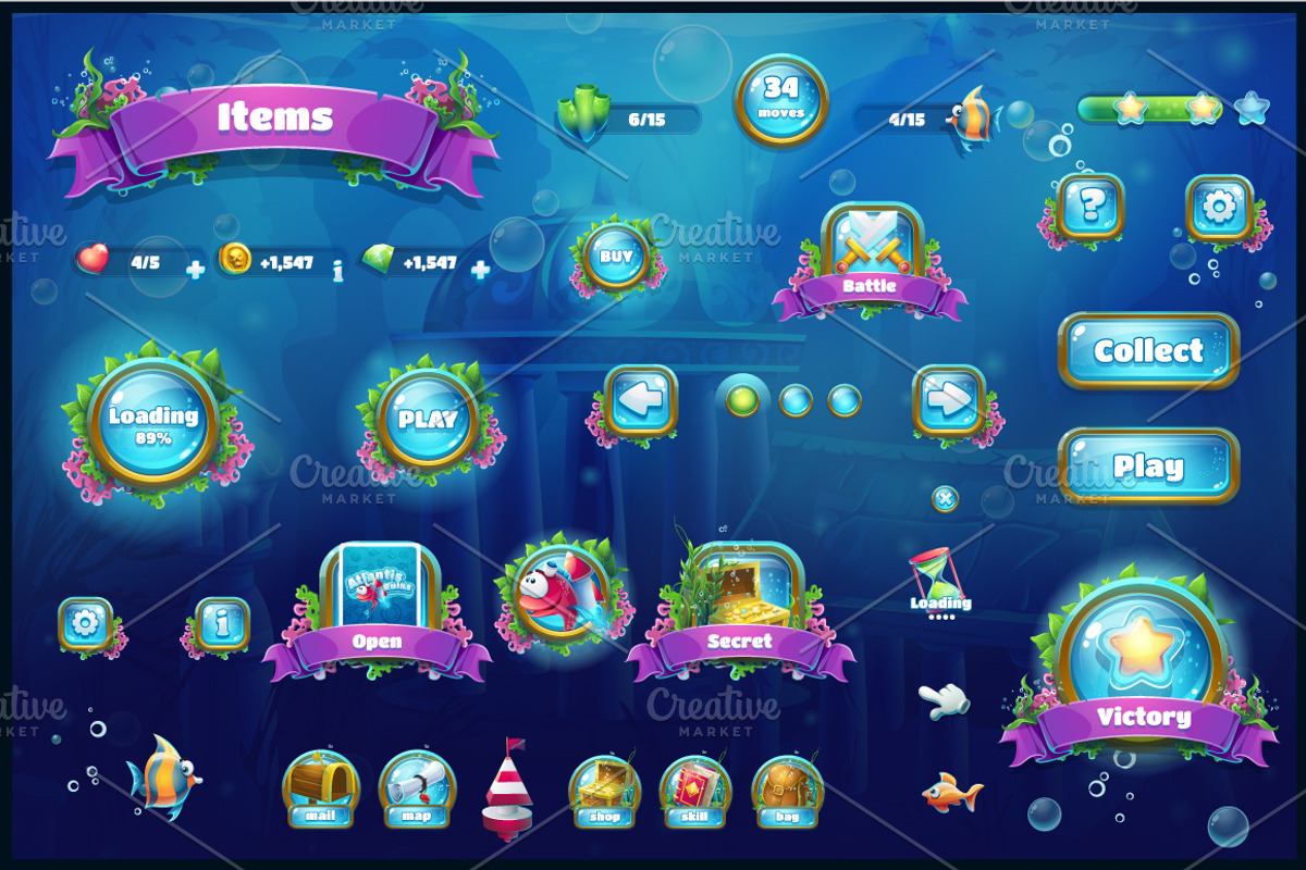 Atlantis Ruins - Casual Game UI, an Object Illustration by Nearbirds (Photo 4 of 4)