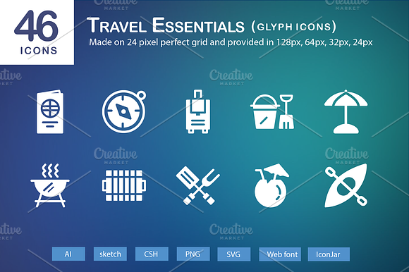46 Travel Essentials Glyph Icons