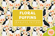 Floral Puffins Seamless Pattern, a Pattern Graphic by Rebecca Flaherty (Thumbnail 1 of 3)