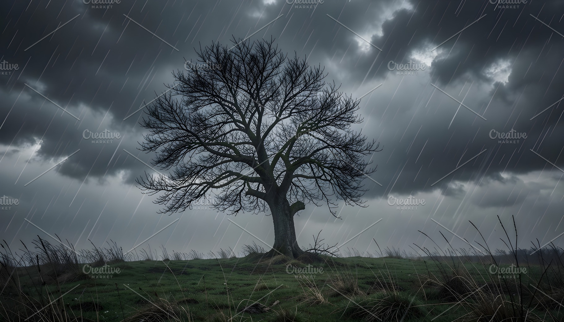 lonely tree rainy day AI generated, a Photo by WorldOfPhotos