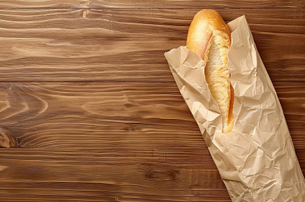 Freshly baked baguette in paper bag on wooden table, a Food & Drink Photo by AlyaAnd