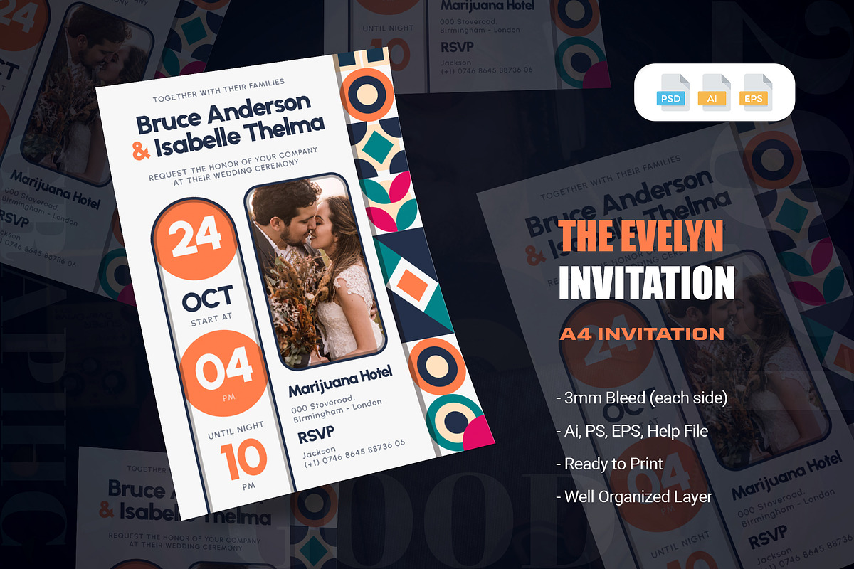 Evelyn Wedding Invitation, an Invitation Template by AQR Studio (Photo 1 of 2)